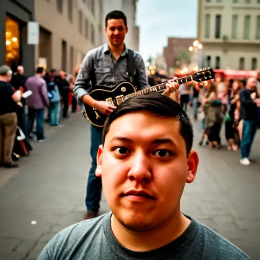 Prompt: a guy stands tall on the street and plays the guitar, and a crowd of people around him listen to him