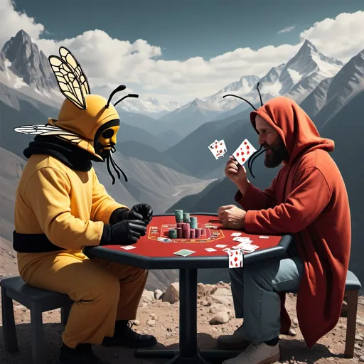 Prompt: Two bees enjoying their respective solitude in mountain ranges while jesus plays poker with satan