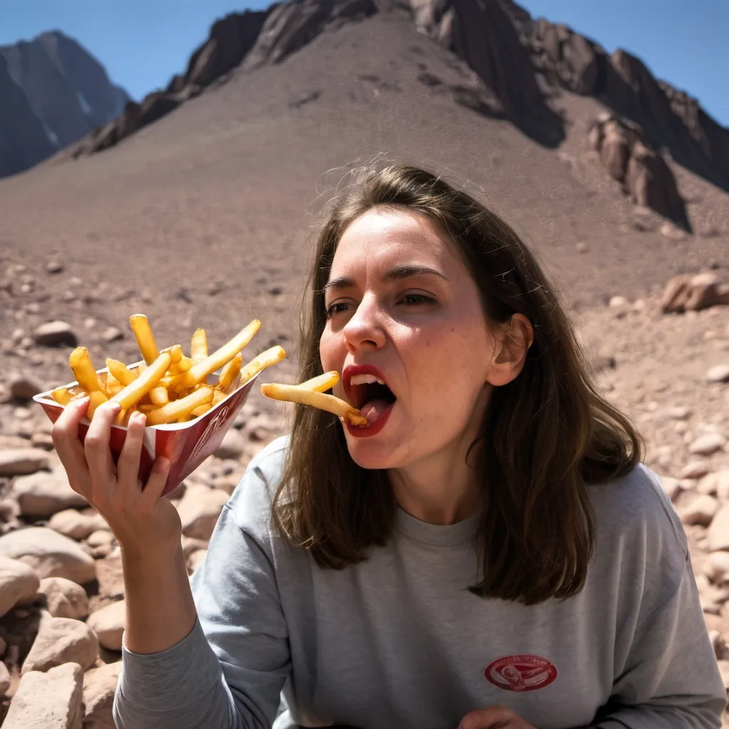 Prompt: a woman named carmen eating french fries at the base of mount sinai