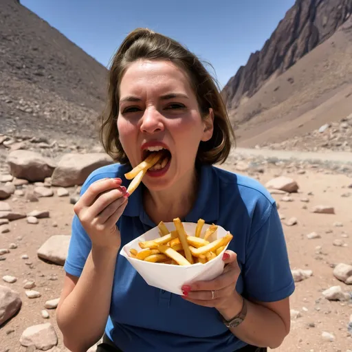 Prompt: a woman named carmen eating french fries at the base of mount sinai