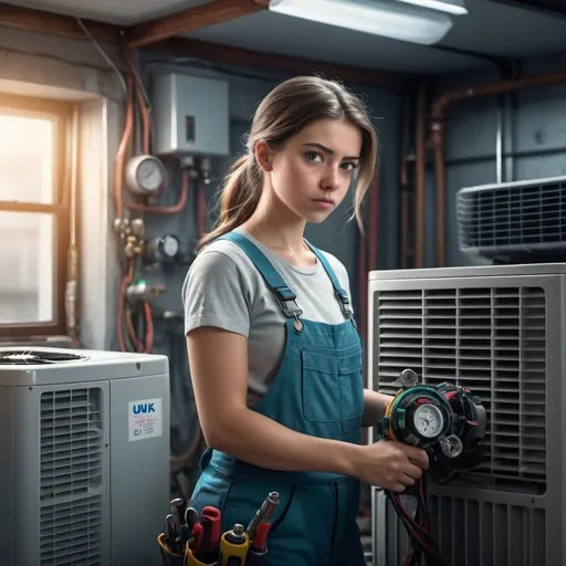 Prompt: Make image of girl repairing air conditioner at workshop. Include refrigerant container and HVAC tools