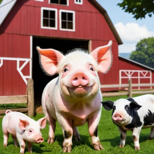 Prompt: a cute pig on a farm together with the other farm animals and a barn