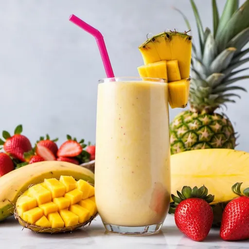 Prompt: Smoothie in a glass cup 24 oz, with a straw, with the next ingredients, Mango, Pineapple, strawberries, banana, coconut water with a background clean and according to the ingredients 
 