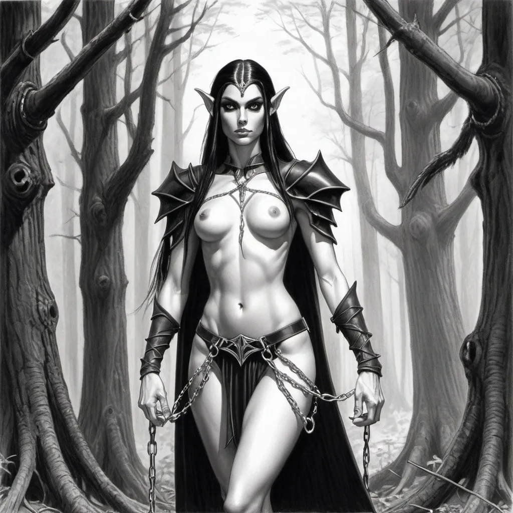 Prompt: a pencil drawing at the style of larry elmore of a dark elf stands tall amidst the dense woods, The dark elf's arms are bound by thick, heavy chains that fly arround her and His features are sharp and angular, typical of his elven lineage,. With jet-black eyes that seem to pierce through the darkness, 
