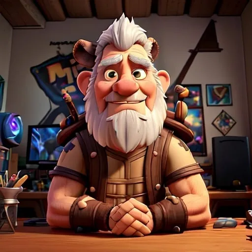 Prompt: A old aged Male Tauren Druid just like in the game World of Warcraft. He's sitting at a gaming computer in his bedroom playing world of Warcraft, His bedroom has world of Warcraft posters on his walls. His hair on his head and his beard are white. He's muscular and has an Axe attached to his back. But he's wearing plate armor covering his chest, he has pauldrons, gantlets , no helmet,