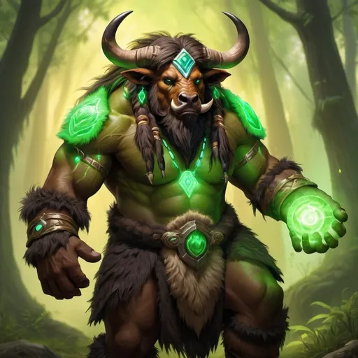 Prompt: hyper-realistic Male Tauren Druid character who is casting heals, his healing power like a glowing green, fantasy character art, illustration, World of Warcraft, warm tone