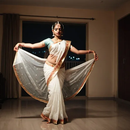 Prompt: A young Indian girl doing a classical Indian dance at night in a white saree. She is in a room with low lights. She is wearing makeup and jewellery. Scary scene.