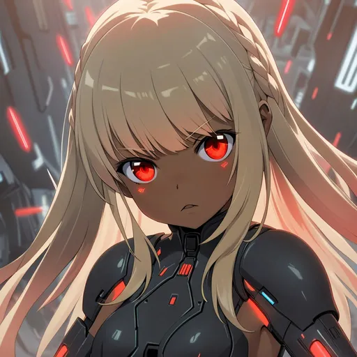 Prompt: Young girl with four arms in black armor wielding red lightsabers, blonde hair, dark skin, sci-fi, futuristic, highres, detailed, action scene, dramatic lighting, intense gaze, professional, sci-fi fantasy, futuristic armor, red lightsabers, blonde hair, dark skin, four arms, dynamic pose, high energy, sci-fi setting, braided hair, exposed chest, no top
