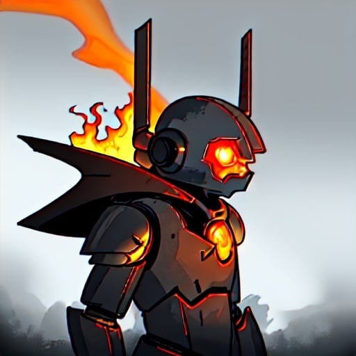 Prompt: Warforged metal man engulfed in flames, ashen armor with vents emitting smoke, fiery helmeted face with flame-like eyes, high-res, detailed metal textures, intense flames, dark and moody lighting, digital art, fantasy, steampunk, fiery details