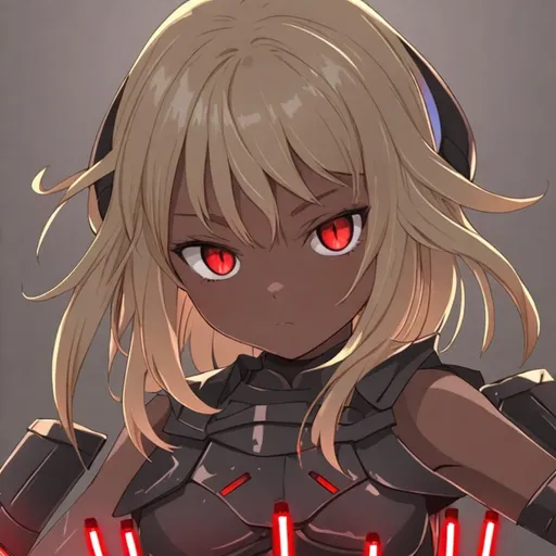 Prompt: young girl, blonde hair, dark skin, black armor, red lightsabers, four arms, red eyes