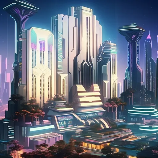 Prompt: Futuristic mansion atop an art deco skyscraper, sleek and majestic, urban cyberpunk setting, detailed architecture with art deco flair, high-tech interiors with holographic displays, city lights casting a cool glow, best quality, immersive, ultra-detailed, cyberpunk, futuristic, art deco, sleek design, professional, atmospheric lighting