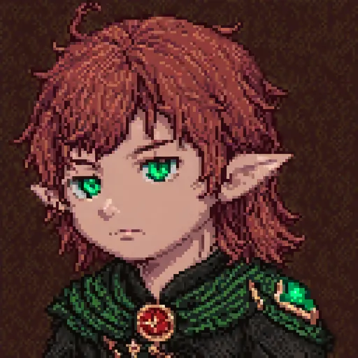 Prompt: Young boy with elven-styled ears, wavy red hair, emerald green eyes, black outfit with red accents, gold timepiece around neck, high quality, vibrant, fantasy, detailed facial features, elven design, rich colors, atmospheric lighting, fantasy art