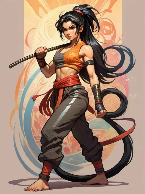 Prompt: Athletic young Saiyan woman in martial artist gear with armored segments, spiky black hair in a ponytail and long bangs, monkey's tail, detailed and dynamic pose, vibrant and energetic aura, high quality, anime, action-packed, vibrant colors, dramatic lighting