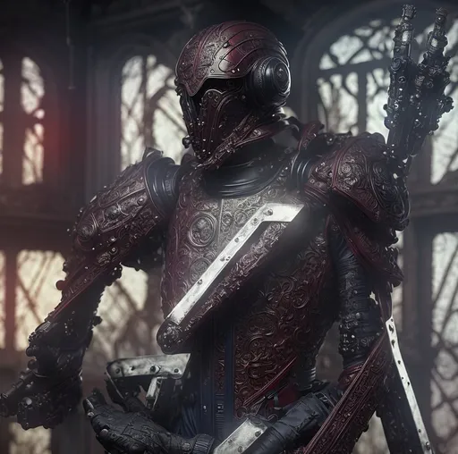 Prompt: Sci-fi royal soldier in ornate maroon armor, adorned with navy blue fabric, gothic retro futurism, intricate details, intricate armor design, futuristic setting, high quality, retro-futuristic, gothic, ornate armor, maroon, navy blue, sci-fi, detailed, regal, atmospheric lighting, British inspired