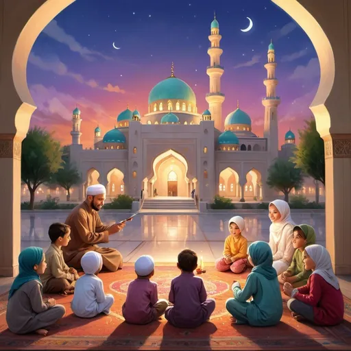 Prompt: Illustration of a heartwarming Islamic story for children, vibrant and colorful painting, gentle and soothing brush strokes, warm and inviting atmosphere, diverse group of children listening to a storyteller, traditional clothing and settings, beautiful mosque in the background, soft natural lighting, high quality, heartwarming, vibrant colors, traditional, diverse characters, detailed illustration, inviting atmosphere, gentle brush strokes, warm lighting