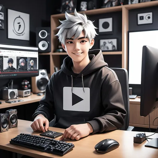 Prompt: creating for character.- "Create a anime boy who have a mature looking like a man facing in front he is a YouTube content creator, sitting in his studio with futuristic gadgets, and there is mic near him wearing black hoodie, smiling, and there is 2 posters of youtube in his room* and Hanging silver play button