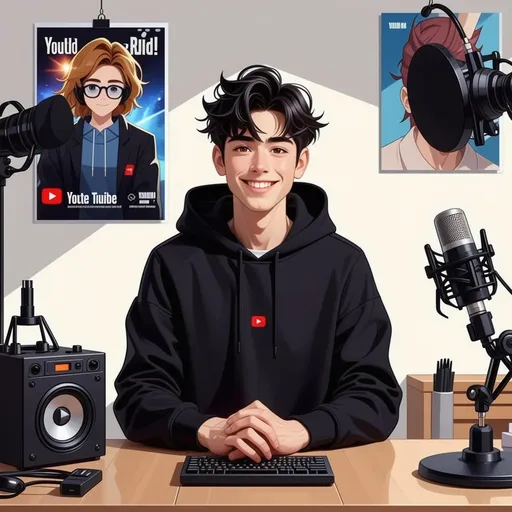 Prompt: creating for character.- "Create a anime boy who have a mature looking like a man facing in front he is a YouTube content creator, sitting in his studio with futuristic gadgets, and there is mic near him wearing black hoodie, smiling, and there is 2 posters of youtube in his room* and Hanging silver play button