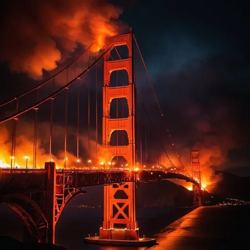 Prompt: golden gate bridge on fire, dark colors, high contrast, dark apocalyptic atmosphere