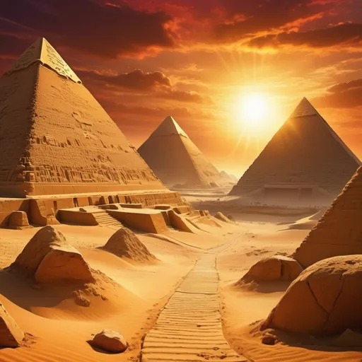 Prompt: (fantasy style), ancient Egypt background, (warm color scheme), vibrant sunset over pyramids, golden sands, intricate hieroglyphics, towering obelisks, mystical atmosphere, (ultra-detailed), mystical creatures lingering in the distance, breathtaking skies reflecting hues of amber and crimson, overall dreamy and enchanting allure.