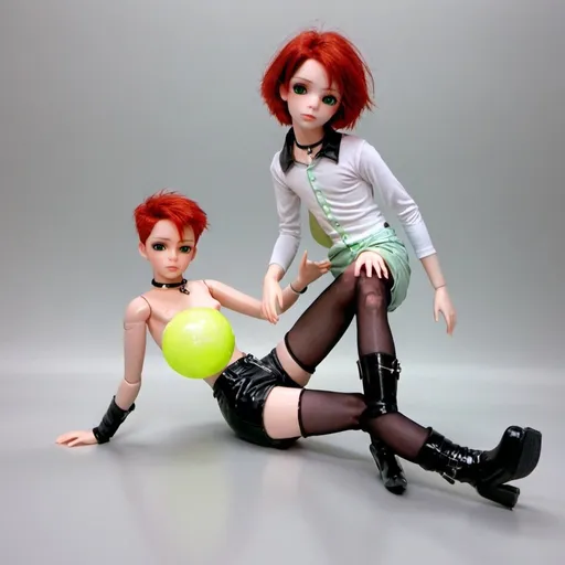 Prompt: One manequim, ((doll)), puppet, ball joints, man, male, androgynous, small clothes, tight clothes, sensual clothes, sensual pose, sensual face, magazine pose, half-lidded eyes, smirk, porcelain skin, tiny shorts, tight mini-shorts, tight high boots, high heel boots, crop top, see through shirt, red hair, short hair, green eyes, glassy eyes, chocker necklace, sensual, attractive, 