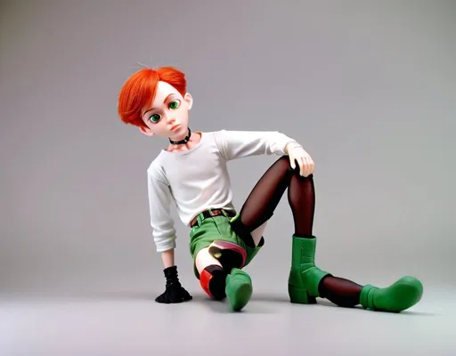 Prompt: One manequim, doll, puppet, ball joints, man, male, boy, androgynous, small clothes, tight clothes, magazine pose, half-lidded eyes, smirk, porcelain skin, tiny shorts, tight mini-shorts, tight high boots, high heel boots, crop top, see through shirt, red hair, short hair, green eyes, glassy eyes, chocker necklace, sensual, attractive, 