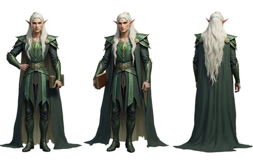 Prompt: A full-body character illustration of fantasy illustration male elf 1ac769e5 with long white hair, pointed ears, green and gold attire, large iridescent wings, holding a book displayed in three clear views on a clean white background, arranged in a three-column grid pattern with equal spacing and importance. Left panel: front view showing complete anatomical details and outfit. Center panel: perfect 90-degree side view (profile) clearly showing the character's side silhouette, facial profile, and outfit from a direct lateral perspective. Right panel: back view revealing posterior details Each view maintains consistent scale, lighting, and full-body presentation from head to toe. All three perspectives must be equally detailed and given equal prominence in the composition.