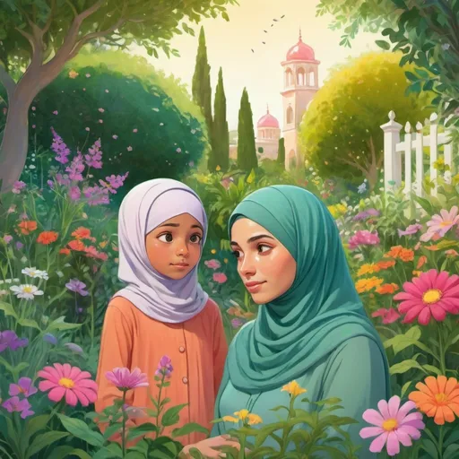 Prompt:  Layla and her mother in the garden, with Layla looking contemplative and her mother looking concerned but gentle. The garden is lush and vibrant. her mother wears hijab, this is a childrens book so make it look like its drawn 
