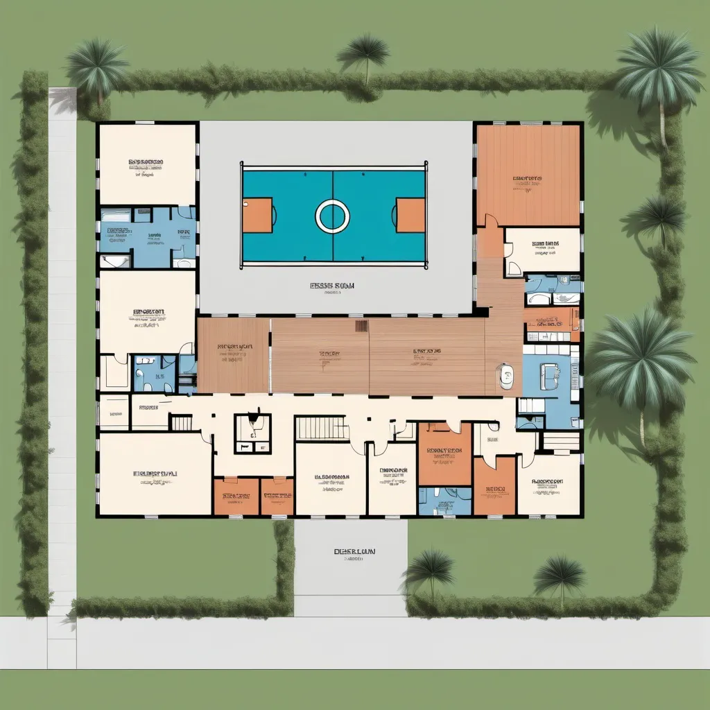 Prompt: Residential floorplan, backyard, half court basketball, pool, 2D vector illustrations, high quality, detailed layout, modern design, professional style, minimalistic, precise lines, clean and crisp, luxurious space, top-notch, well-crafted, artistic floorplan, spacious layout, accurate representation, high-res, polished, architectural, detailed home, clear and precise, professional vector illustration, organized and efficient, minimalistic design, dimensions within 1,500 square meter.