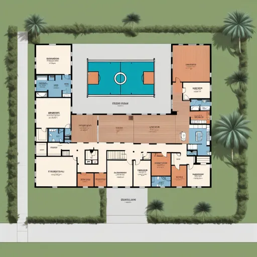 Prompt: Residential floorplan, backyard, half court basketball, pool, 2D vector illustrations, high quality, detailed layout, modern design, professional style, minimalistic, precise lines, clean and crisp, luxurious space, top-notch, well-crafted, artistic floorplan, spacious layout, accurate representation, high-res, polished, architectural, detailed home, clear and precise, professional vector illustration, organized and efficient, minimalistic design, dimensions within 1,500 square meter.