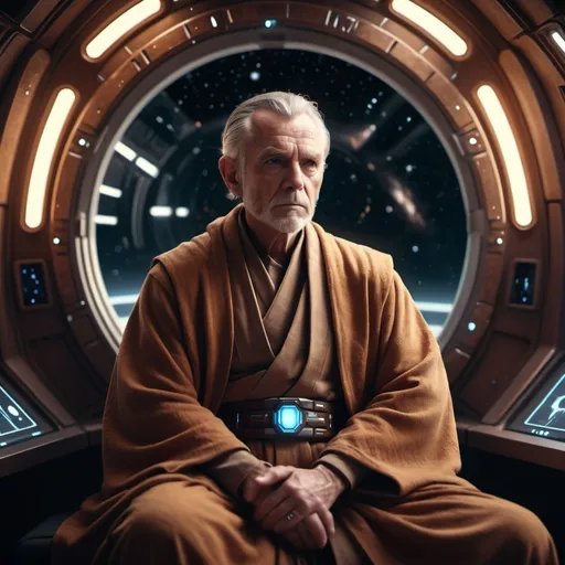 Prompt: senior male Jedi in brown robe  Star ship interieur artwork. sitting. in space