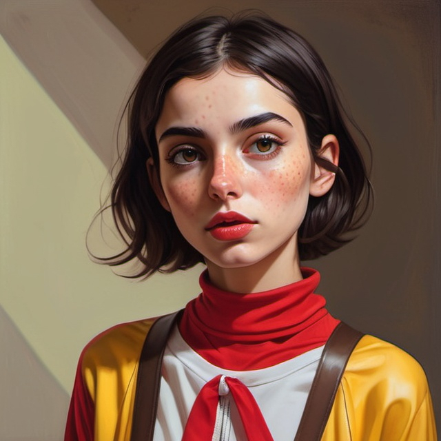 Prompt: iranian tiny skinny girl, with a sharp gaze, dark brown eyes, straight very dark brown short hair, with freckles, dressed in a modern red and yellow outfit, minimalist emotionally impactful beauty in a surreal pop art style whispering in quirky fun casey weldon mucha davinci and guweiz illustration painting