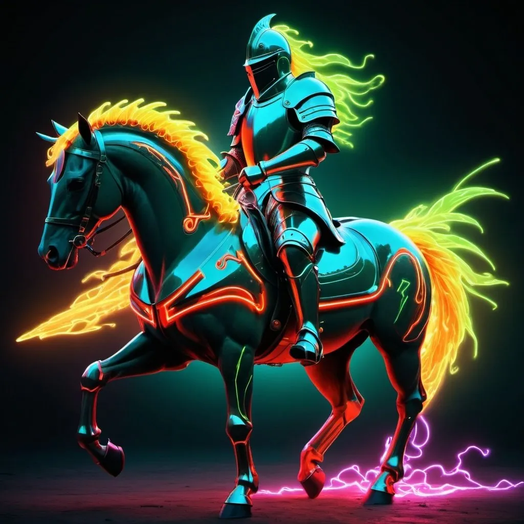 Prompt: Image Description
Style
Overall: Drawing with strong, bold lines.
Colors: Bright neon colors for a striking visual effect.
Characters
Number: 4 knights
Armor: Futuristic medieval armor, solid, with minimal adornments.
Helmets: Fully enclosed steel helmets, no openings for the face.
Theme of the Knights
Fire Knight

Main Color: Neon red
Details: Fire elements surrounding the armor, like stylized neon flames.
Horse: Neon red with flaming mane and tail.
Water Knight

Main Color: Neon blue
Details: Waves or stylized neon water droplets around the armor.
Horse: Neon blue with mane and tail resembling flowing water.
Wind Knight

Main Color: Neon green
Details: Curved lines representing neon wind gusts, dynamic movements.
Horse: Neon green with mane and tail that appear to flow like the wind.
Lightning Knight

Main Color: Neon yellow
Details: Stylized neon lightning bolts running along the armor.
Horse: Neon yellow with electrified mane and tail, as if charged with electricity.
Scene Composition
Poses: Knights in dynamic positions, suggesting movement and action, as if ready to charge or in the midst of battle.
Background: Abstract, with neon colors and shapes complementing the knights' elements, possibly including neon traces of fire, water, wind, and lightning in the background.
Lighting: Bright effects on neon areas, giving a sense of intense luminosity, highlighting the knights and their horses.
