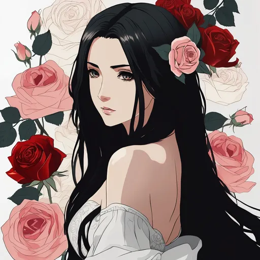 Prompt: a beautful woman, long black hair , black eyes,  roses in her hair,  anime style, full body portrait 