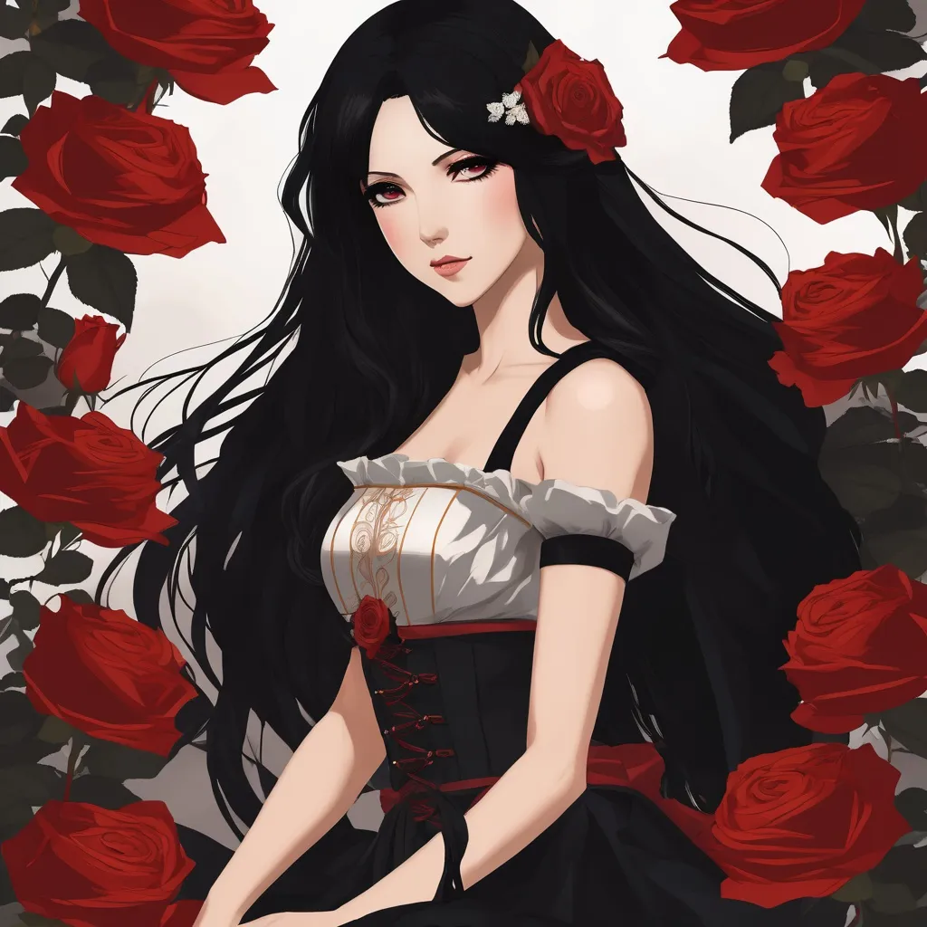 Prompt: a beautful woman, long black hair , black eyes,  roses in her hair,  anime style, full body portrait 