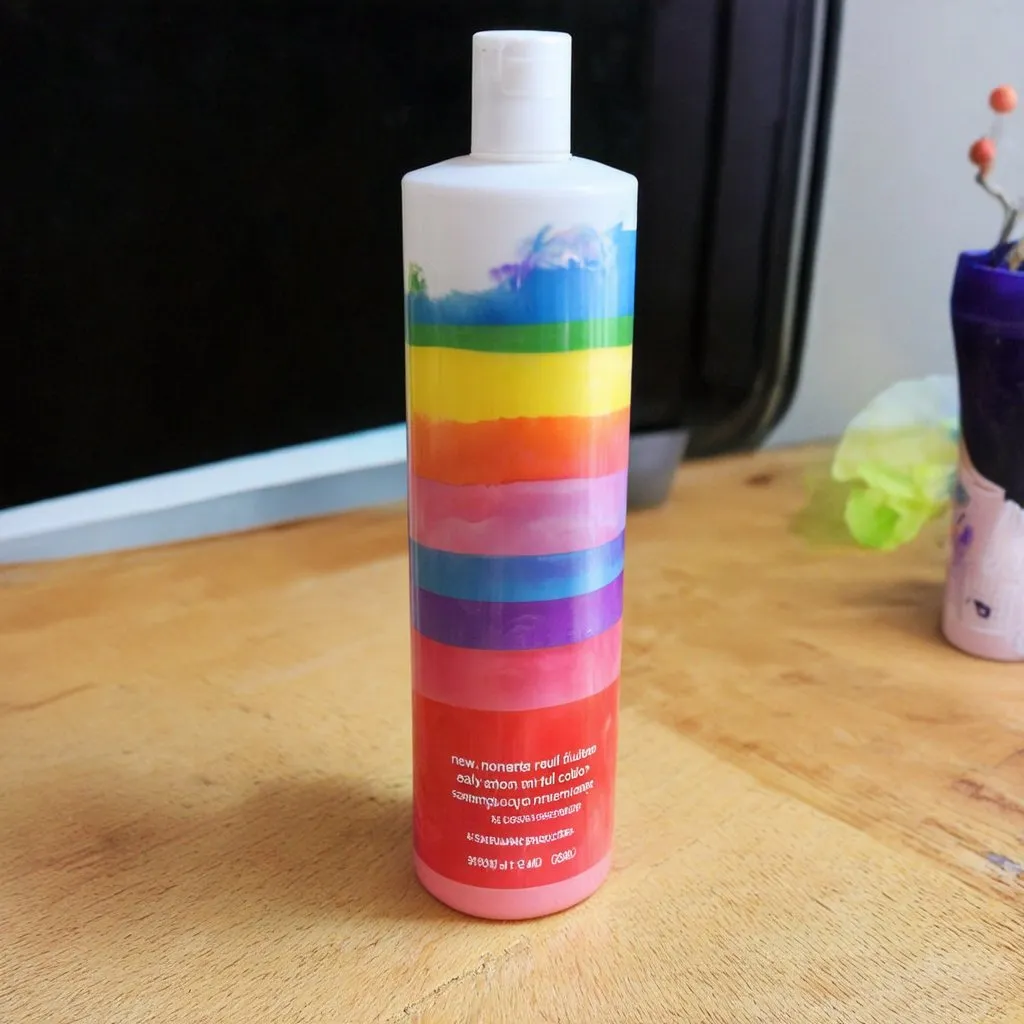 Prompt: Generate me a really color full rainbow shampoo bottle