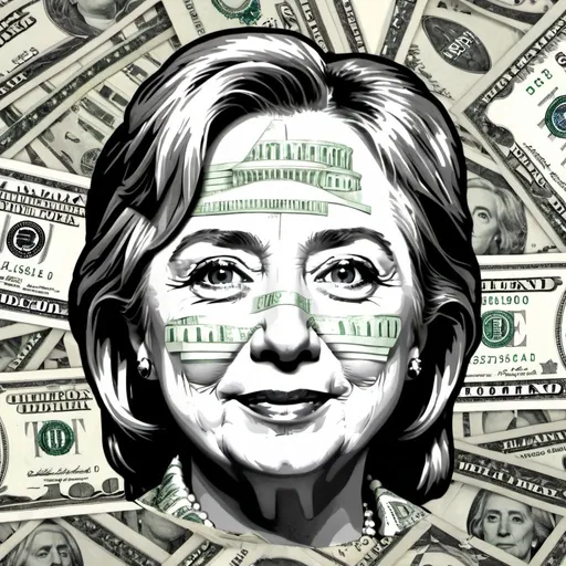 Prompt: Hillary clinton composed entirely of dollar bills with bill clintons face on the bills
