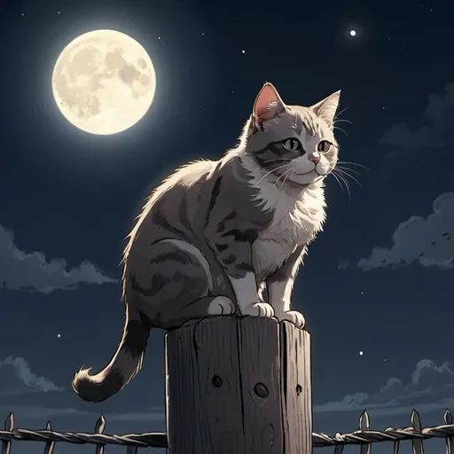 Prompt: A cat, drawn as if it was in a manga, sitting on top of a fencepost in the moonlight. 