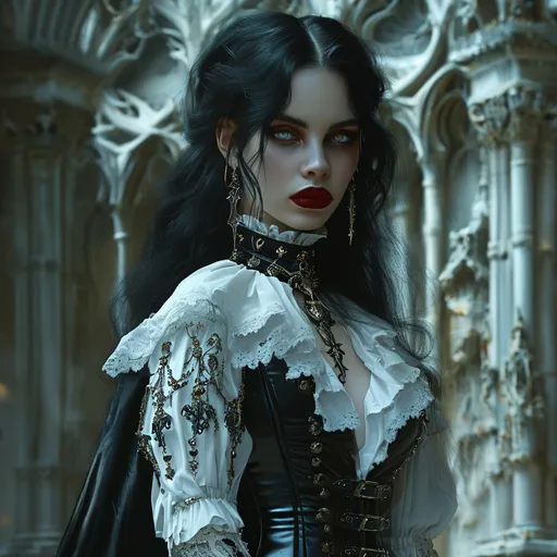 Prompt: breathtaking gothic woman with a white button down shirt and a black corset above it and dark leather leggings with jewellry like necklaces and rings ,bracelets adorned with black lace garments, black lipstick, high quality, meticulously detailed, oil inspired .In a stunningly detailed 8K cinematic painting, a malevolent enchantress exudes power and malice through her fiery eyes in a high fantasy realm. Her dark sorcery mastery is evident in her regal yet ominous presence, with flowing ebony hair and intricate, sinister attire that accentuates her commanding presence. The photorealistic depiction captures every intricate detail, from the intricate patterns on her robes to the eerie glow of her magical aura, drawing viewers into a realm of dark and dangerous beauty.