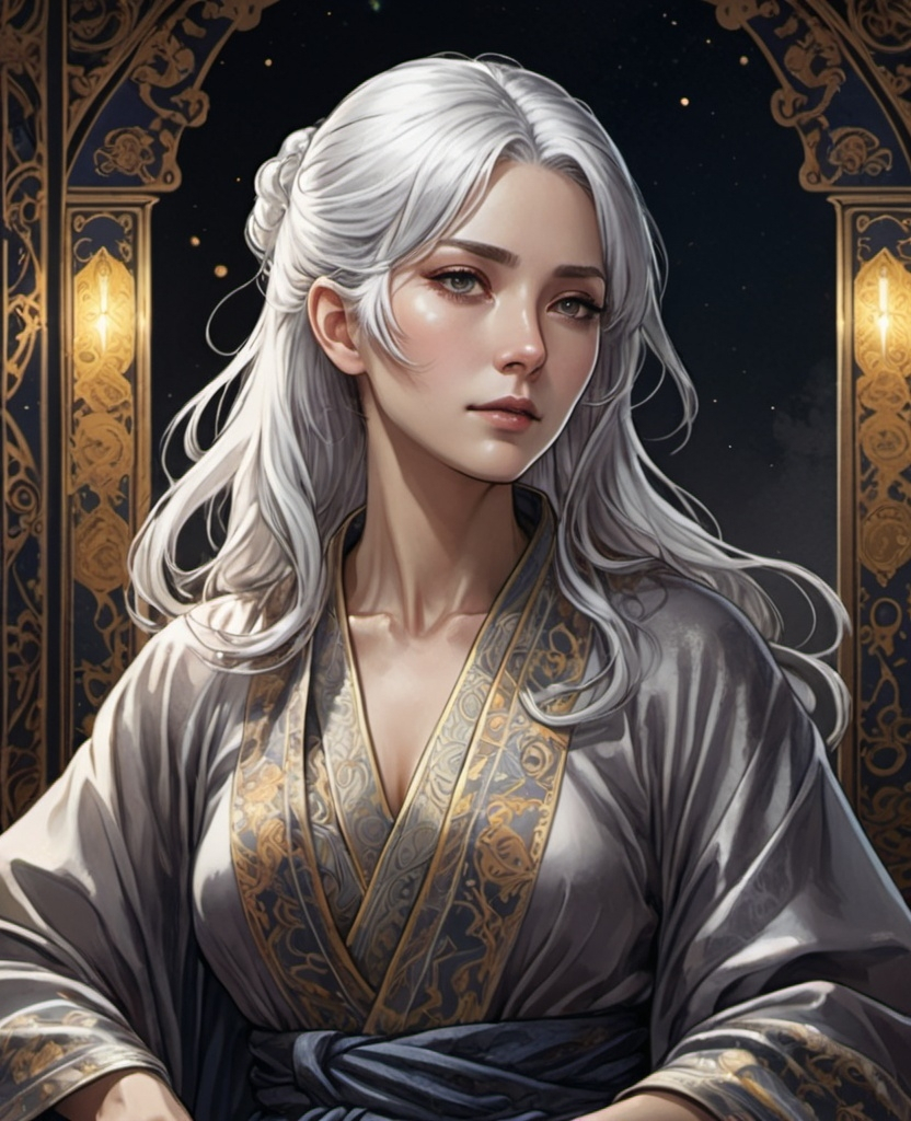 Prompt: tarot card Anime illustration, a silver-haired woman, detailed ornate cloth robe, dramatic lighting