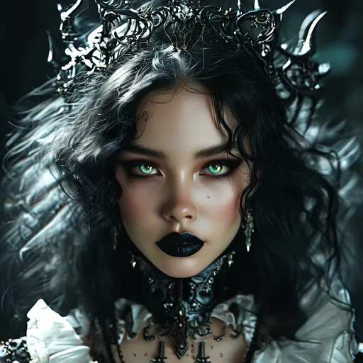 Prompt: breathtaking gothic woman with a white button down shirt and a black corset above it and dark leather leggings with jewellry like necklaces and rings ,bracelets adorned with black lace garments, black lipstick, high quality, meticulously detailed, oil inspired .In a stunningly detailed 8K cinematic painting, a malevolent enchantress exudes power and malice through her fiery eyes in a high fantasy realm. Her dark sorcery mastery is evident in her regal yet ominous presence, with flowing ebony hair and intricate, sinister attire that accentuates her commanding presence. The photorealistic depiction captures every intricate detail, from the intricate patterns on her robes to the eerie glow of her magical aura, drawing viewers into a realm of dark and dangerous beauty.