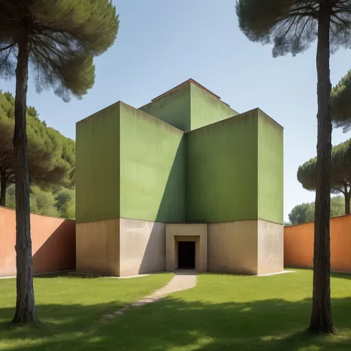 Prompt: Secluded Geometric Building creation of architect BENIAMINO SERVINO, Peter Markli painting style, detailed architecture, lush green surroundings, warm hues, soft natural lighting, high quality, detailed.
In the field broods one structure. La Congiunta is a gnomic assemblage of geometric forms, somewhere between an Aldo Rossi architecture and Valerio Olgiati a mausoleum. 