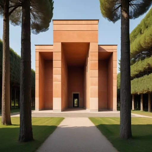 Prompt: Secluded Geometric Wooden Building creation of architect Aldo Rossi, Giorgio de Chirico painting style, setting sun, detailed architecture, lush green surroundings, warm hues, soft natural lighting, high quality, detailed.
There is one building in the field. La Congiunta is a gnomic collection of geometric shapes with a minimalist portico and mother-of-pearl columns., somewhere between a Mies van der Rohe architecture and Valerio Olgiati a mausoleum. 
Chimerism, Divisare