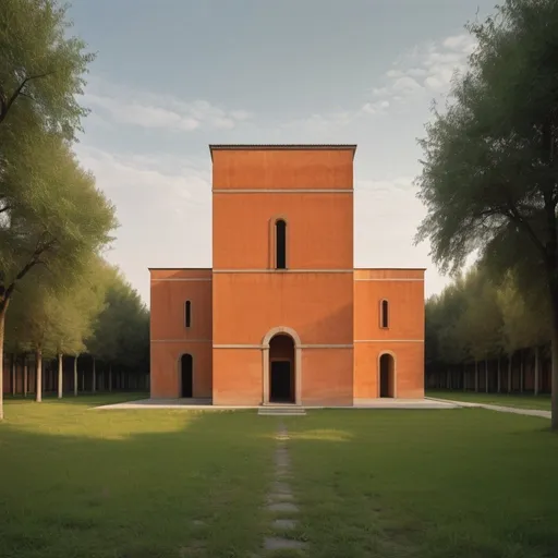 Prompt: Secluded Geometric Building creation of architect Peter Märkli,  Aldo Rossi painting style, setting sun, detailed architecture, lush green surroundings, warm hues, soft natural lighting, high quality, detailed.
In the field broods one structure. La Congiunta is a gnomic assemblage of geometric forms, somewhere between an Aldo Rossi architecture and Valerio Olgiati a mausoleum. 
Chimerism, Divisare