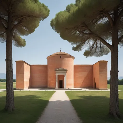 Prompt: Secluded Geometric Building creation of architect Peter Märkli, Piero della Francesca painting style, detailed architecture, lush green surroundings, warm hues, soft natural lighting, high quality, detailed, vintage, rustic charm, serene atmosphere. 
In the field broods one structure. La Congiunta is a gnomic assemblage of geometric forms, somewhere between an Aldo Rossi architecture and Valerio Olgiati a mausoleum. 
Chimerism, Divisare