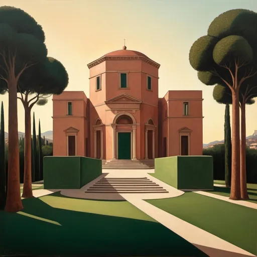 Prompt: Secluded Geometric Building creation of architect Giorgio de Chirico painting style, setting sun, detailed architecture, lush green surroundings, warm hues, soft natural lighting, high quality, detailed.
La Congiunta is a gnomic collection of geometric shapes.
Giorgio de Chirico