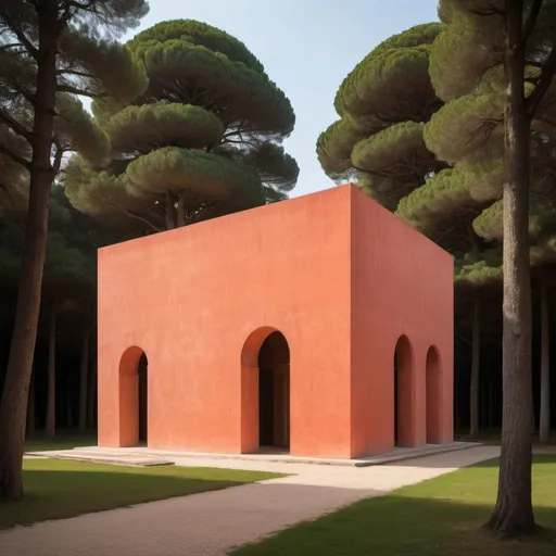 Prompt: Secluded Geometric Wooden Building creation of architect Palladio, Rene Magritte painting style, setting sun, detailed architecture, lush coral surroundings, warm hues, soft natural lighting, high quality, detailed.
In the field broods one structure. La Congiunta is a gnomic assemblage of geometric forms, somewhere between a Valerio Olgiati architecture and Valerio Olgiati a mausoleum. 
Chimerism, Divisare