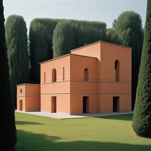 Prompt: Secluded Geometric Building creation of architect Peter Märkli, Aldo Rossi painting style, detailed architecture, lush green surroundings, warm hues, soft natural lighting, high quality, detailed, serene atmosphere. 
In the field broods one structure. La Congiunta is a gnomic assemblage of geometric forms, somewhere between an Aldo Rossi architecture and Valerio Olgiati a mausoleum. 
