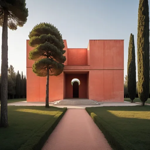 Prompt: Secluded Geometric Wooden Building creation of architect Palladio, Rene Magritte painting style, setting sun, detailed architecture, lush coral surroundings, warm hues, soft natural lighting, high quality, detailed.
In the field broods one structure. La Congiunta is a gnomic assemblage of geometric forms, somewhere between a Valerio Olgiati architecture and Valerio Olgiati a mausoleum. 
Chimerism, Divisare