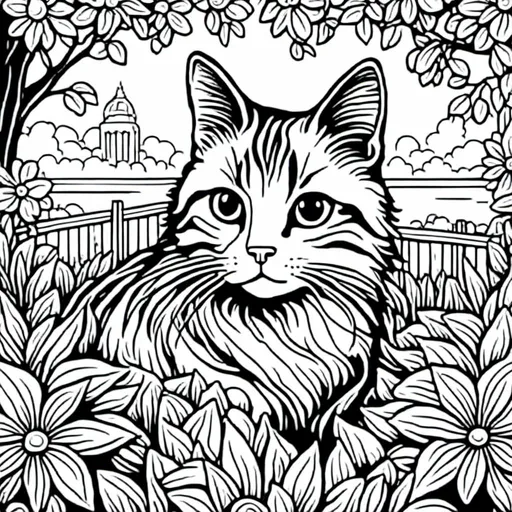 Prompt: cat in the park, simple black and white coloring book art, in the style of <mymodel>