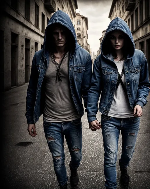 Prompt: Escape from corrupt government, man and woman holding hands, Italian escape, intrigue, truth, shadows of the past, conspiracy, urban setting, detailed facial features, realistic 3D rendering, high quality, cinematic, dramatic lighting, detailed clothing, intense expressions, dark and moody tones, cityscape, engaging narrative, escape, stylish jackets, hooded man, long-haired woman, denim attire